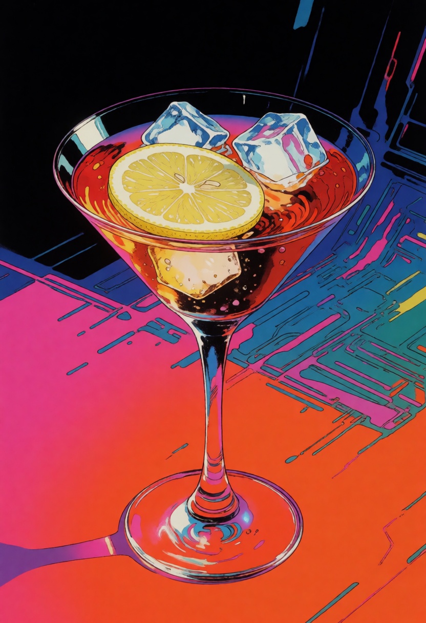 This is a science fiction digital drawing with a surreal,  futuristic energy. A cocktail garnished with a slice of lemon a...