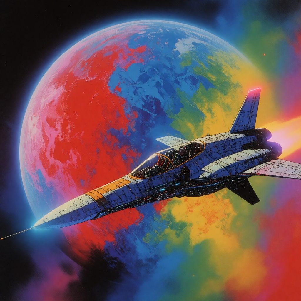 Create a science fiction digital drawing with a surreal,  futuristic energy. Depict a 1980s anime spacecraft orbiting a pl...