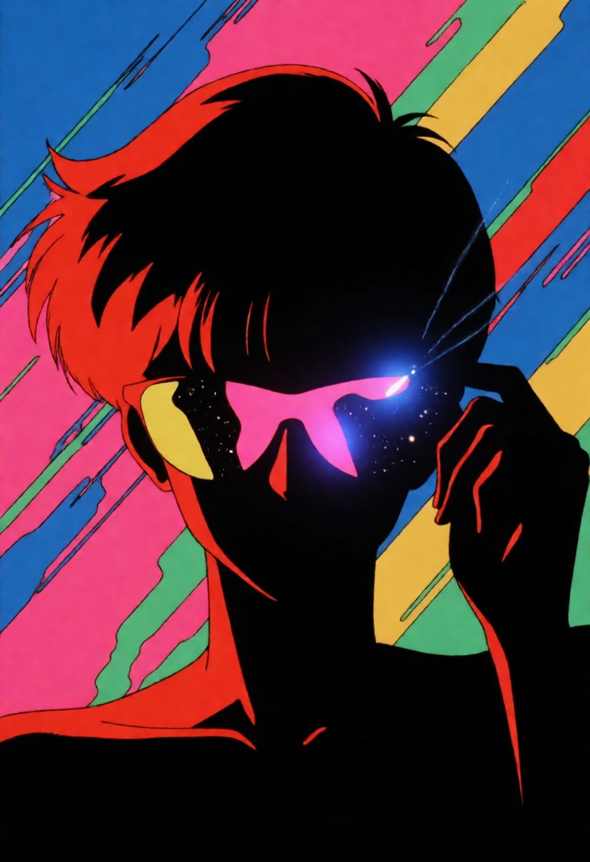 This is a science fiction digital drawing with a surreal,  futuristic energy. The silhouette of a 1980s anime safarieyes w...