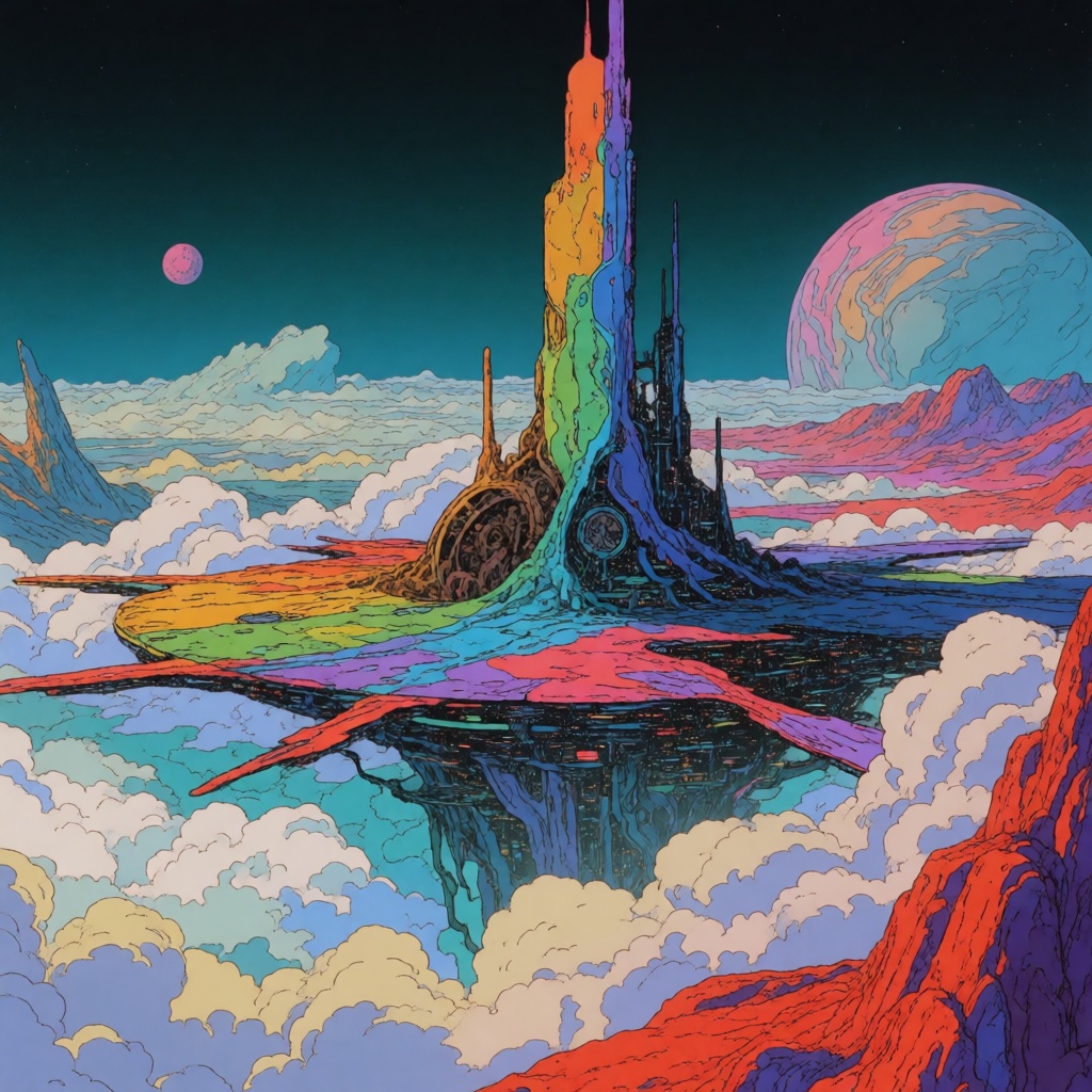 Create a science fiction digital drawing with a surreal,  futuristic energy. Depict a gigantic megastructure rising throug...