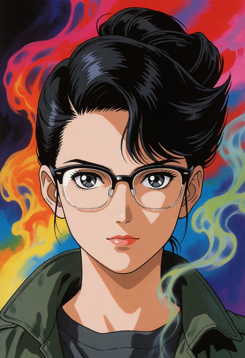 A 1980s safarieyes illustration of a young androgynous woman with black hair in a folded updo and parted at the side and g...