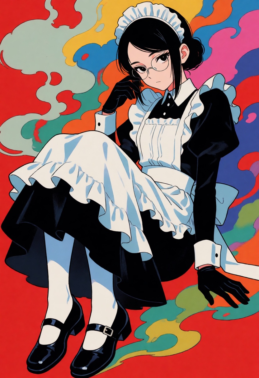 A safarieyes illustration of a young androgynous woman with black hair in a low bun and parted at the side . She is wearin...