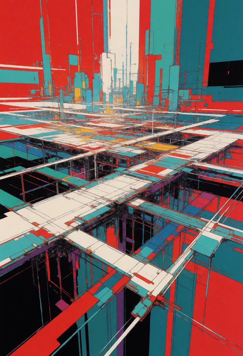 The image is a digital artwork featuring a futuristic,  abstract cityscape with a vibrant color palette. The scene is domi...
