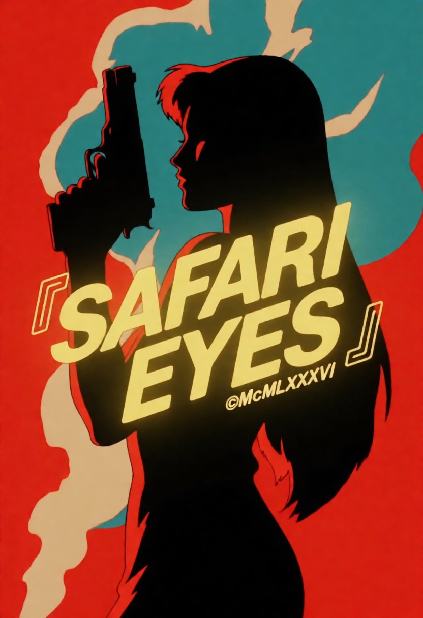 the text "『SAFARI EYES』" in a glowing slanted bold yellow sans-serif in safarieyes style with a smaller text saying "©MCML...