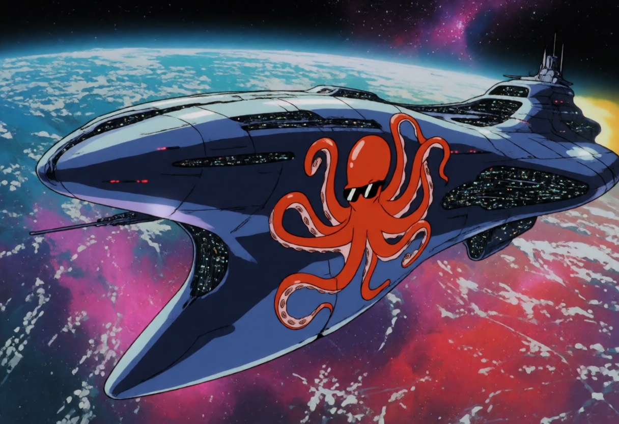 A safarieyes illustration of a massive sleek and organic capital spaceship in front of a colorful nebula seen from above i...