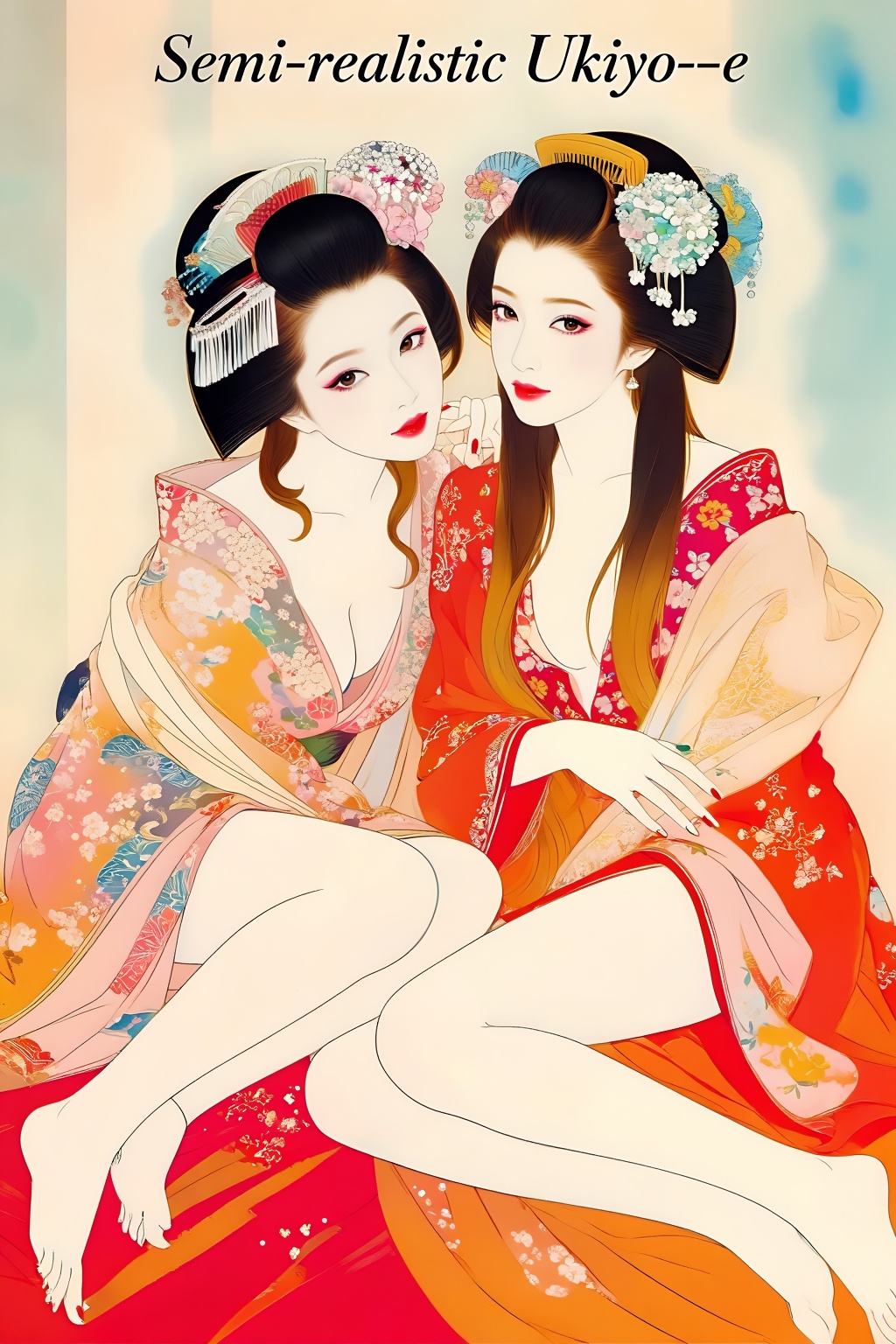 Top quality. Inspiration: Cover design. Cover: Two long-haired girls in classical semi-realistic ukiyo-e prints,  gazing i...