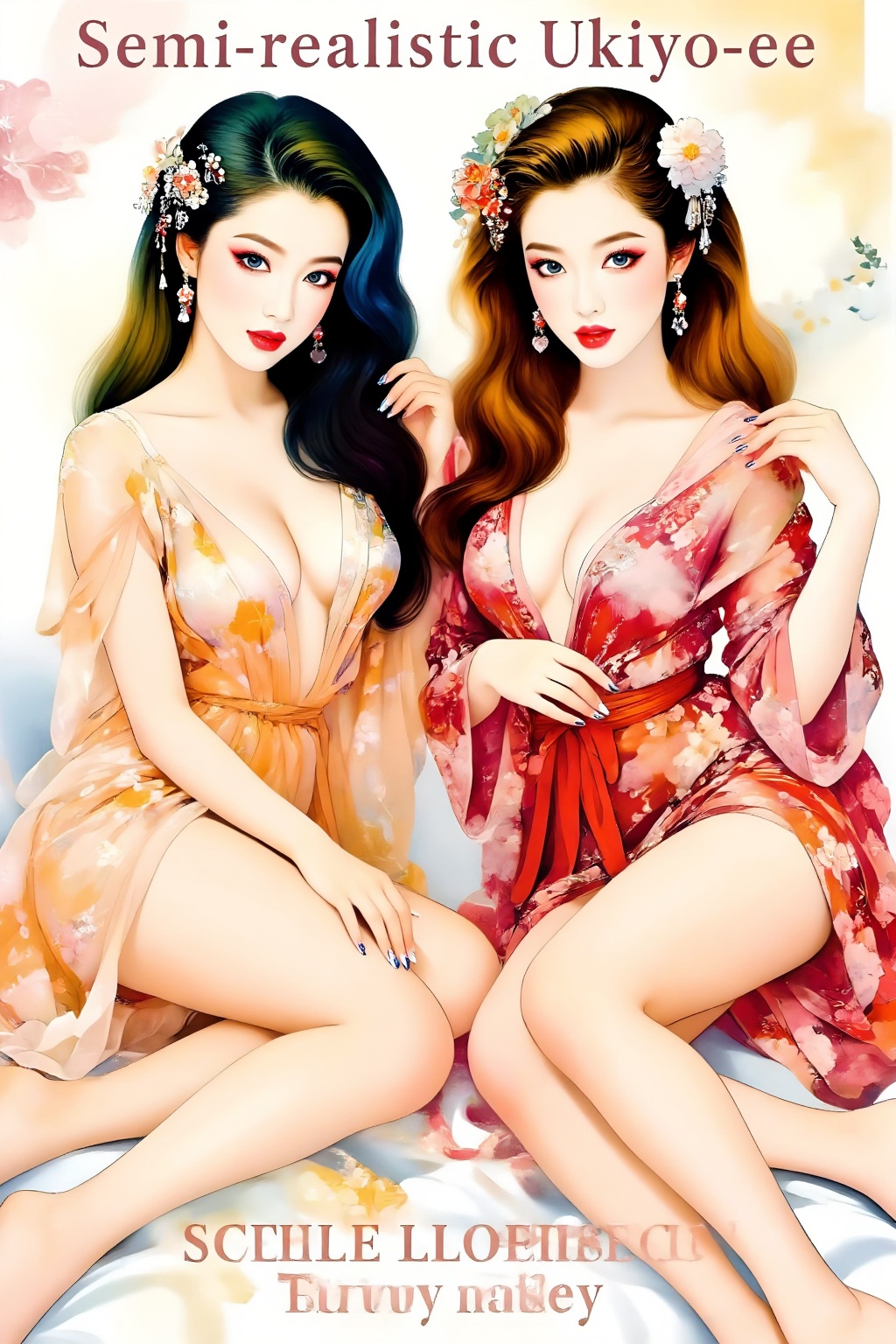 Top quality. Inspiration: Cover design. Cover: Two long-haired girls in classical semi-realistic ukiyo-e prints,  gazing i...
