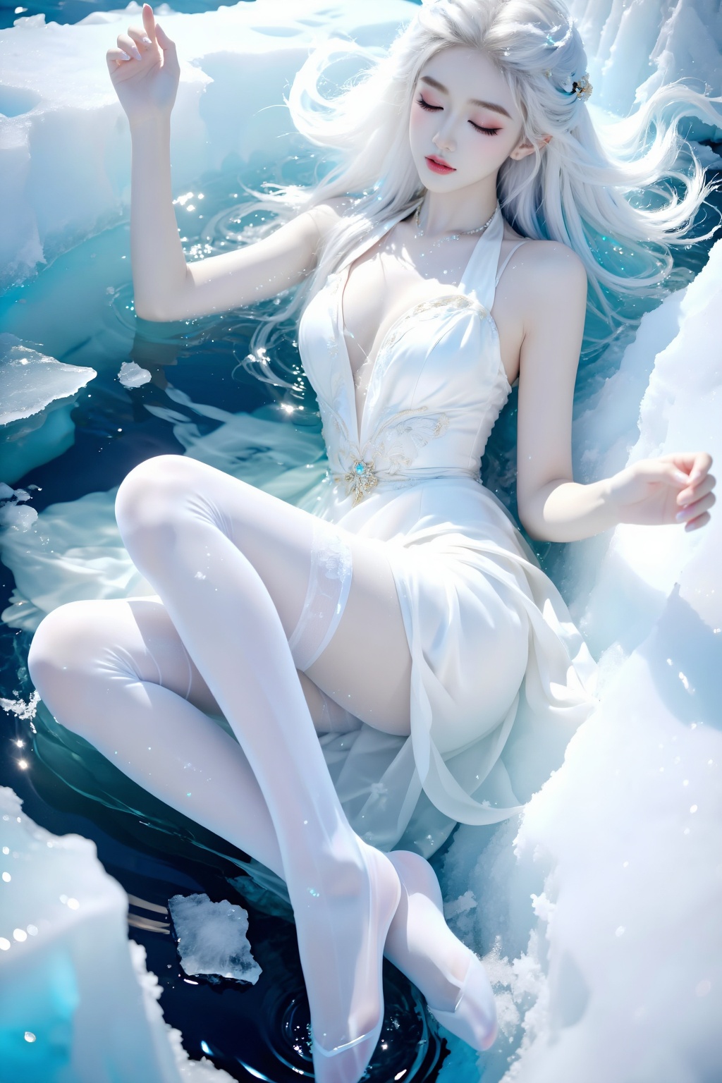 Top quality. Inspiration: Glaciers. Visual Description: Beneath the frigid glacier,  the snow-white,  pale blue glacier fl...