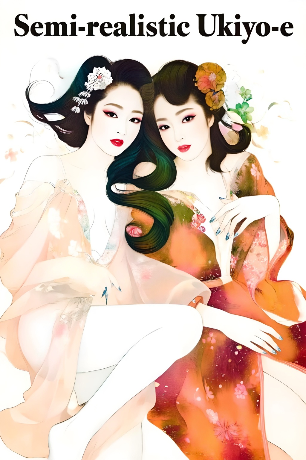 Top quality. Inspiration: Cover design. Cover: Two long-haired girls in classical semi-realistic ukiyo-e prints,  gazing i...