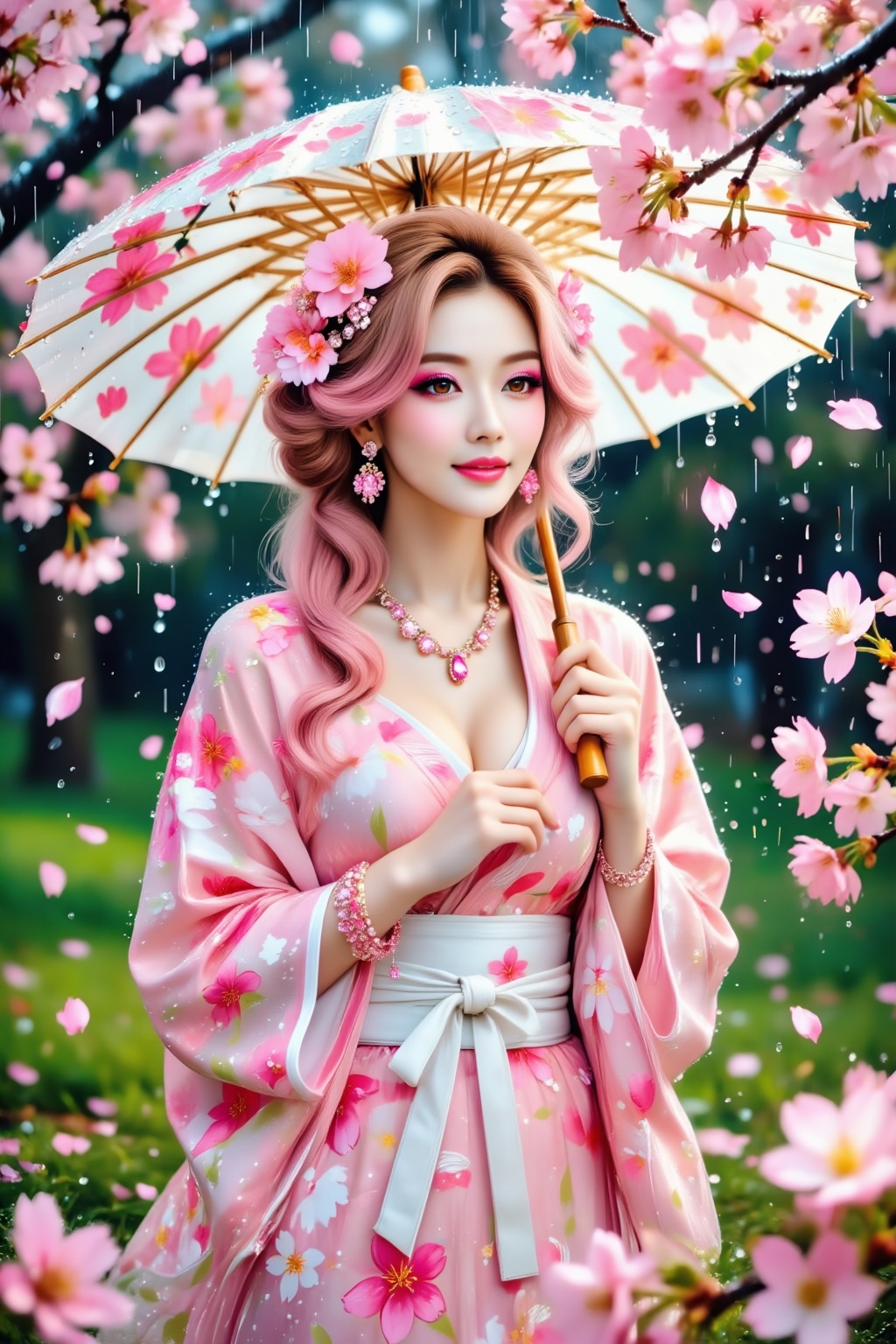 Inspiration: Umbrella,  Spring,  Cherry Blossom. Close-up: A woman with a captivating Japanese hairstyle on Tensor.Art