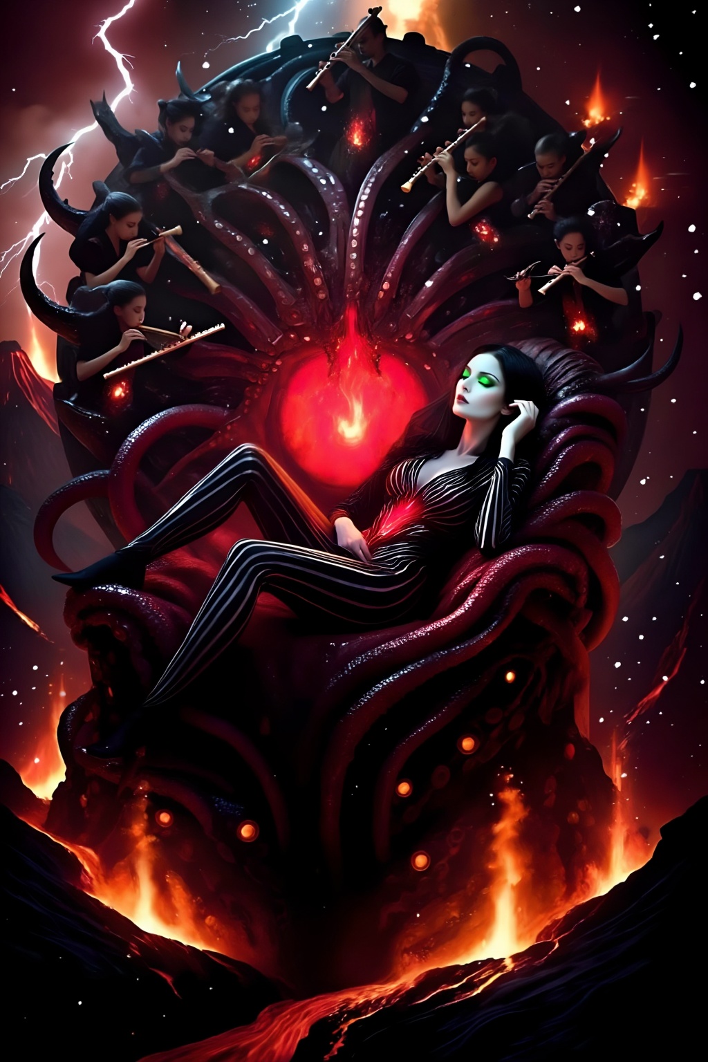 A beautiful queen reclined languidly on a throne formed of tentacles. One hand cradled her head,  her eyes half-closed. A...