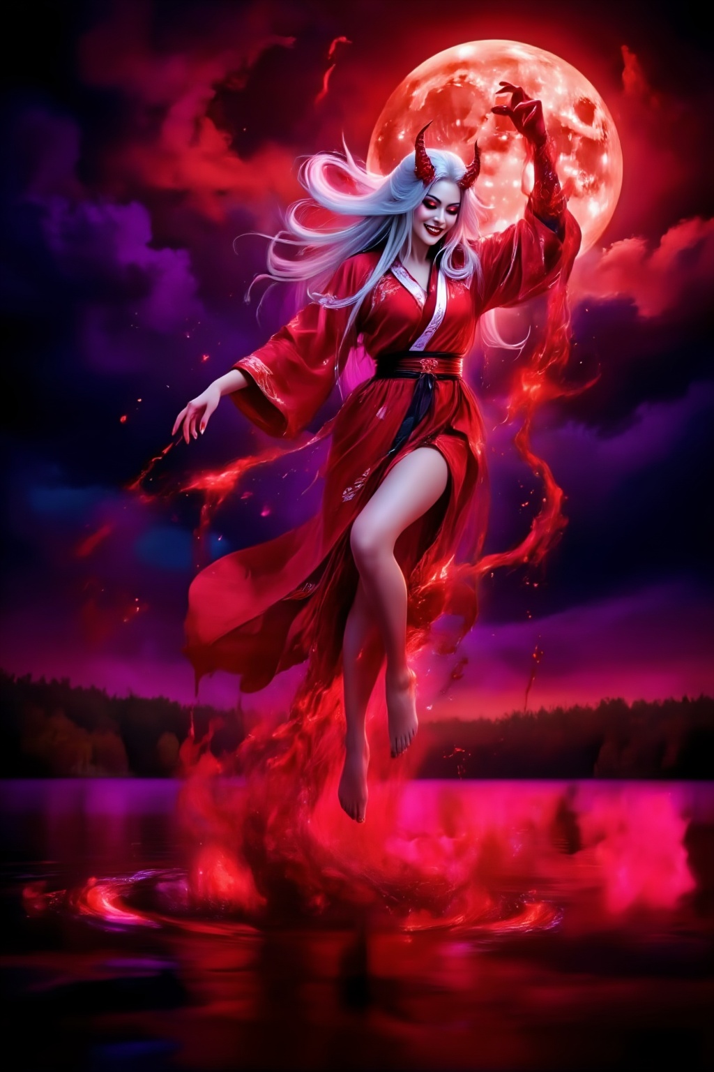 Top quality. Inspiration: Lake,  Blood Moon,  Demonic Hand. Image: Close-up: A blood-red sky on Tensor.Art