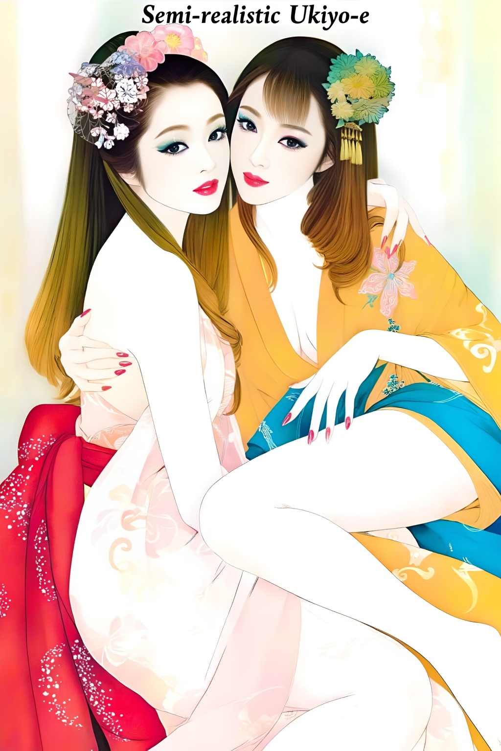 Top quality. Inspiration: Cover design. Cover: Two long-haired girls in classical semi-realistic ukiyo-e prints,  gazing i...