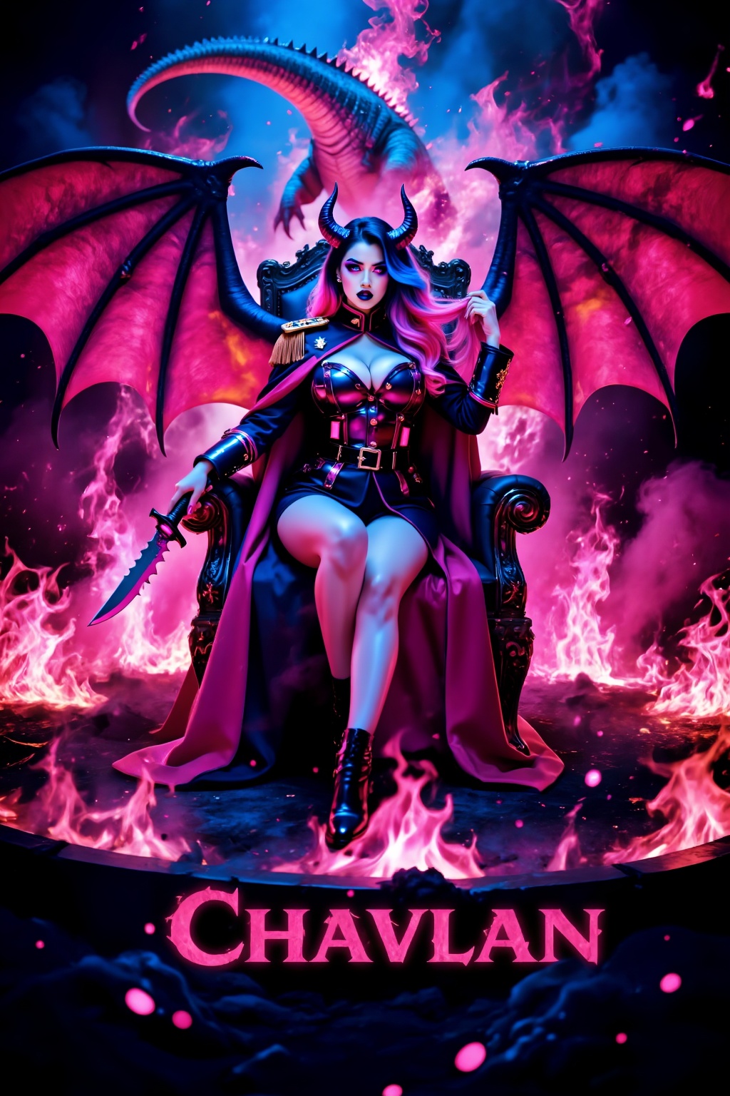 A busty girl with huge dark pink and blue demon wings (like bat-like wings),  with a jealous expression on her face,  wear...