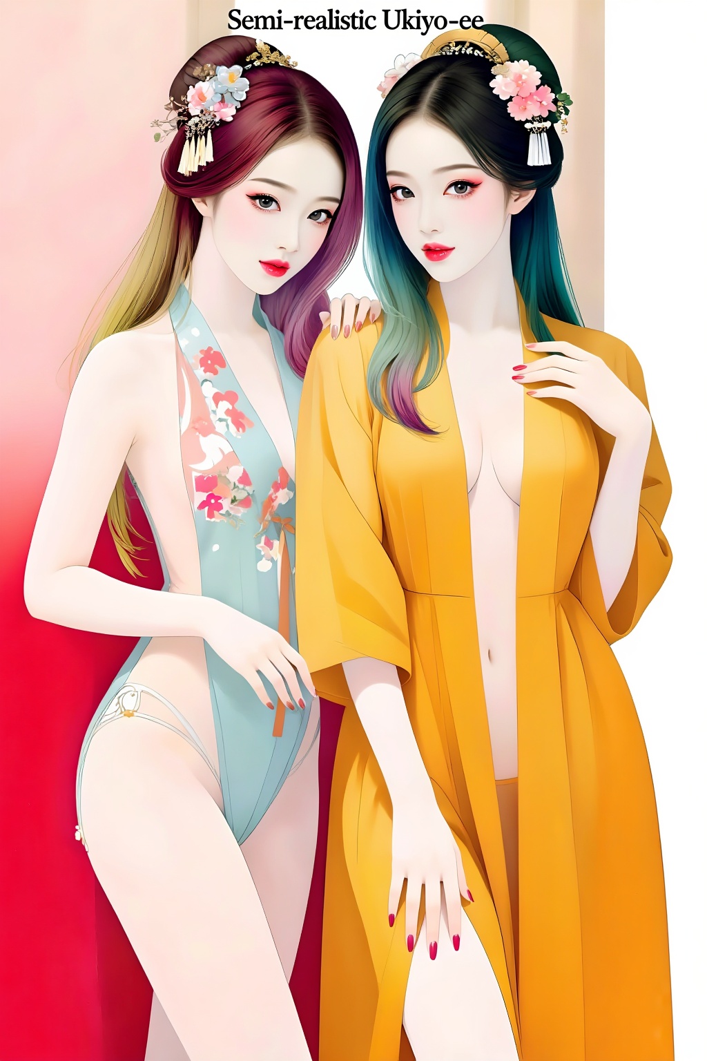 Top quality. Inspiration: Cover design. Cover: Two long-haired girls in classical semi-realistic ukiyo-e prints,  gazing i...