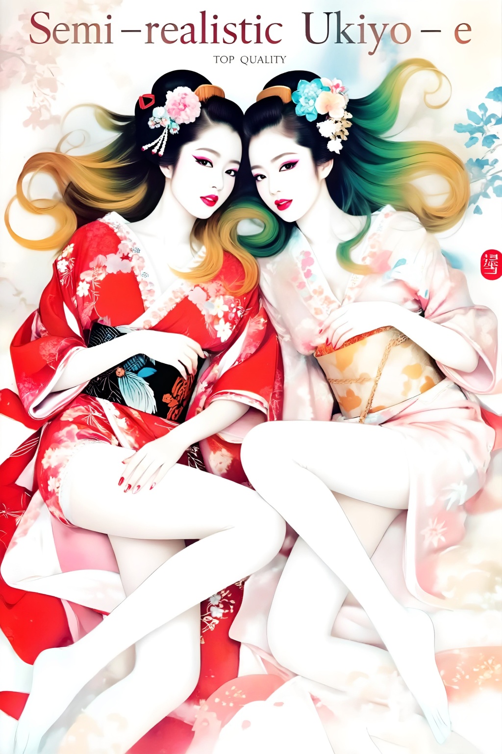 Top quality. Inspiration: Cover design. Cover: Two long-haired girls in classical semi-realistic ukiyo-e prints,  gazing i...