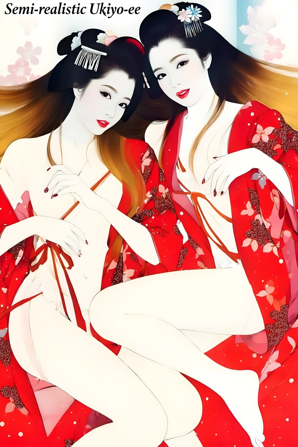 Top quality. Inspiration: Cover design. Cover: Two long-haired girls in classical semi-realistic ukiyo-e prints,  gazing i...