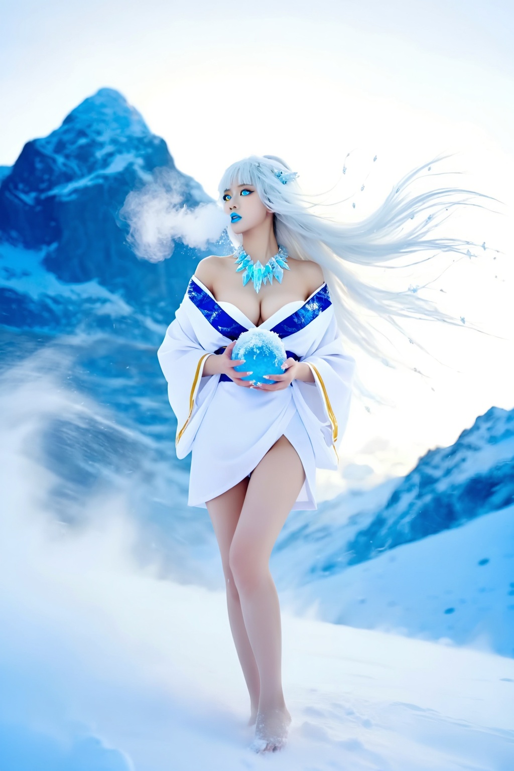 Top quality. Inspiration: Frost,  Snow Woman,  Ice Beads. This painting depicts the Japanese yokai—the Snow Woman. She wea...