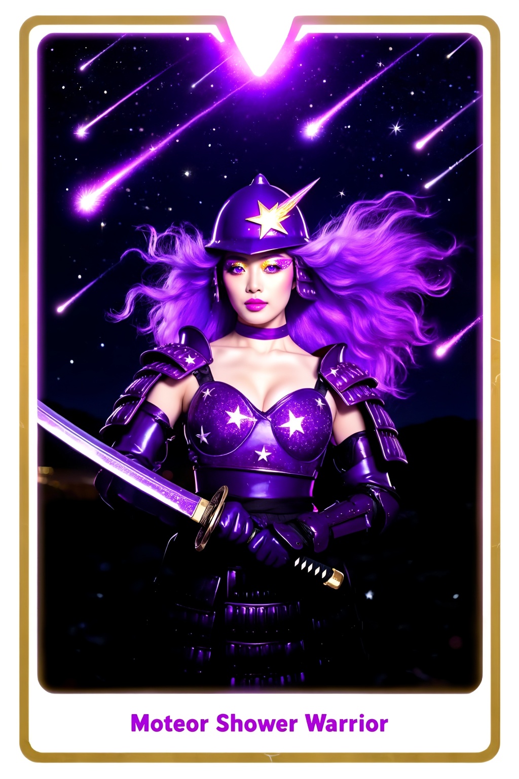Score_9,  a tarot card depicting a gorgeous female warrior. The card name "Meteor Shower Warrior" appears below the tarot...