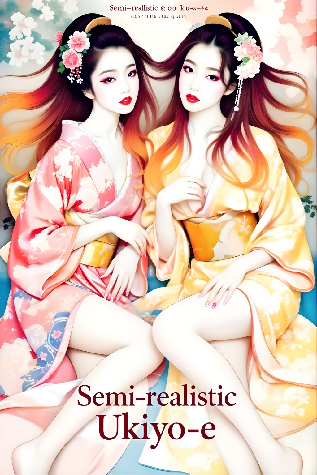 Top quality. Inspiration: Cover design. Cover: Two long-haired girls in classical semi-realistic ukiyo-e prints,  gazing i...