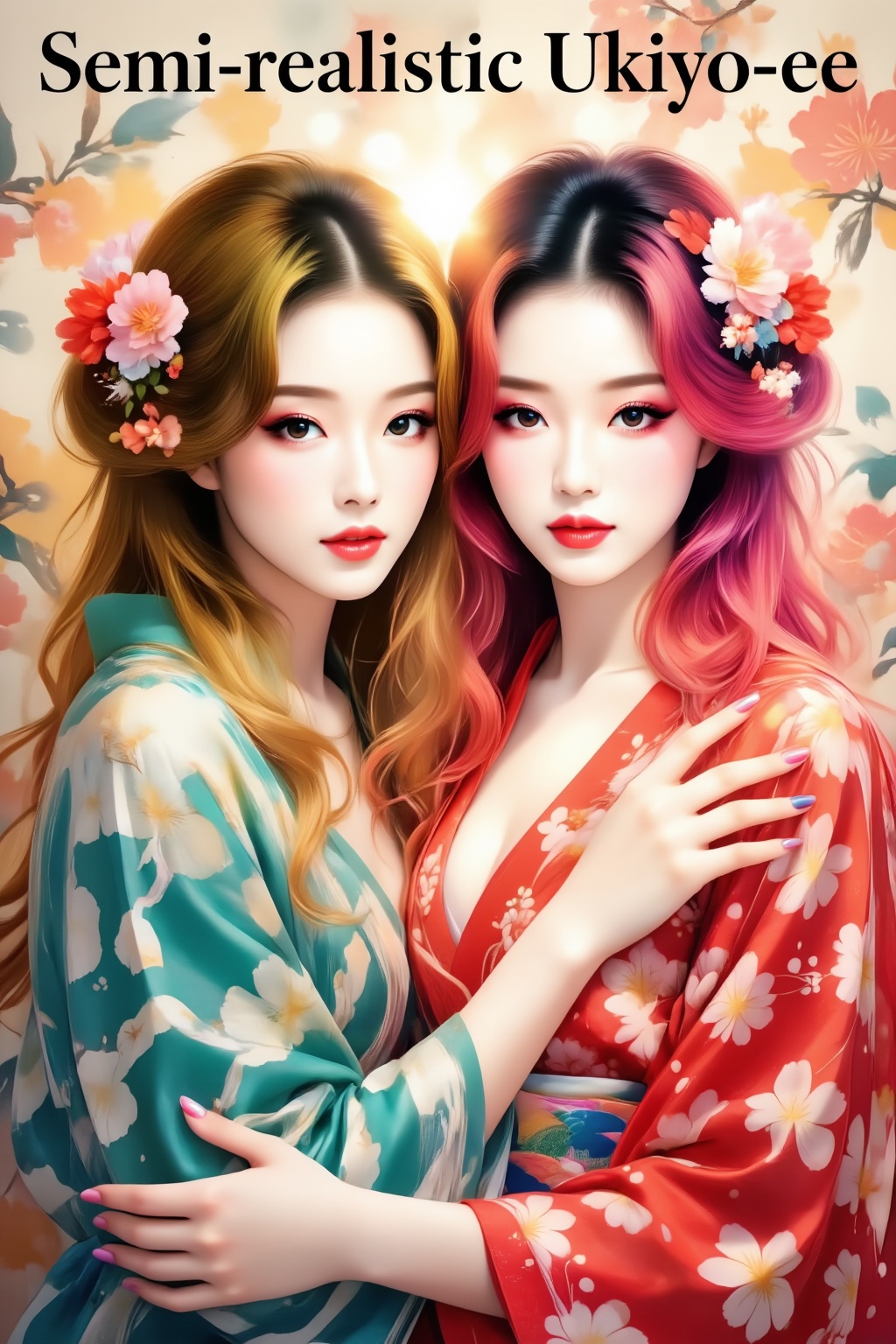 Top quality. Inspiration: Cover design. Cover: Two long-haired girls in classical semi-realistic ukiyo-e prints,  gazing i...