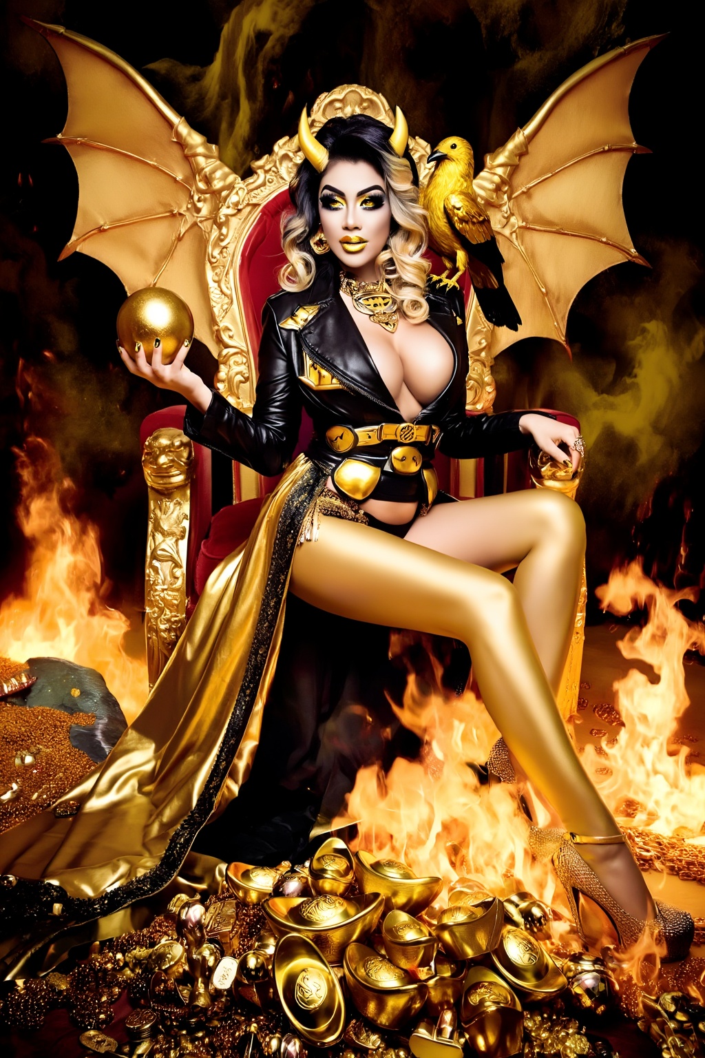 A busty girl with huge golden devil wings (like bat-like wings),  with a show-off expression on her face,  wearing a black...