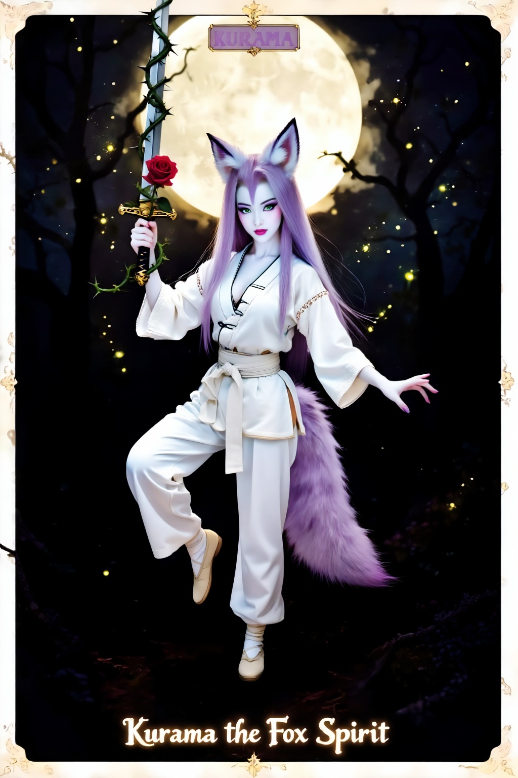 Top quality. Inspiration: Vines,  Yu Yu Hakusho,  Kurama the Fox Spirit. This is a Tarot card depicting a powerful and bea...
