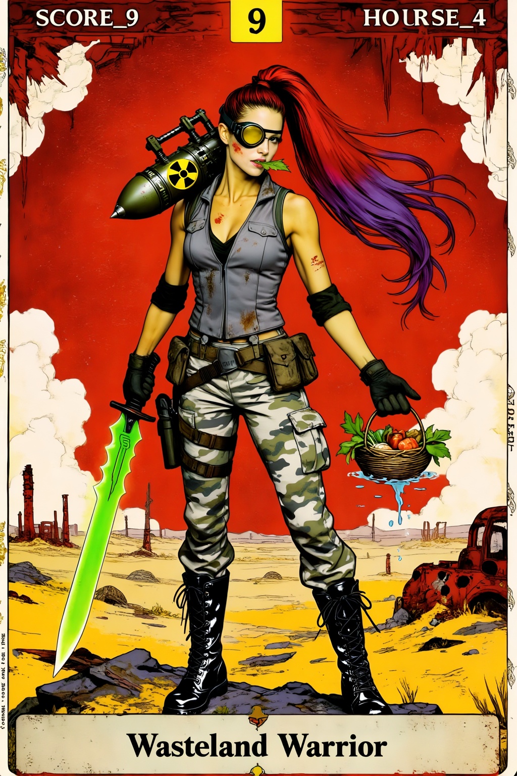 Score_9,  this is a tarot card depicting a wasteland-style future warrior. The card name "Wasteland Warrior" appears at th...