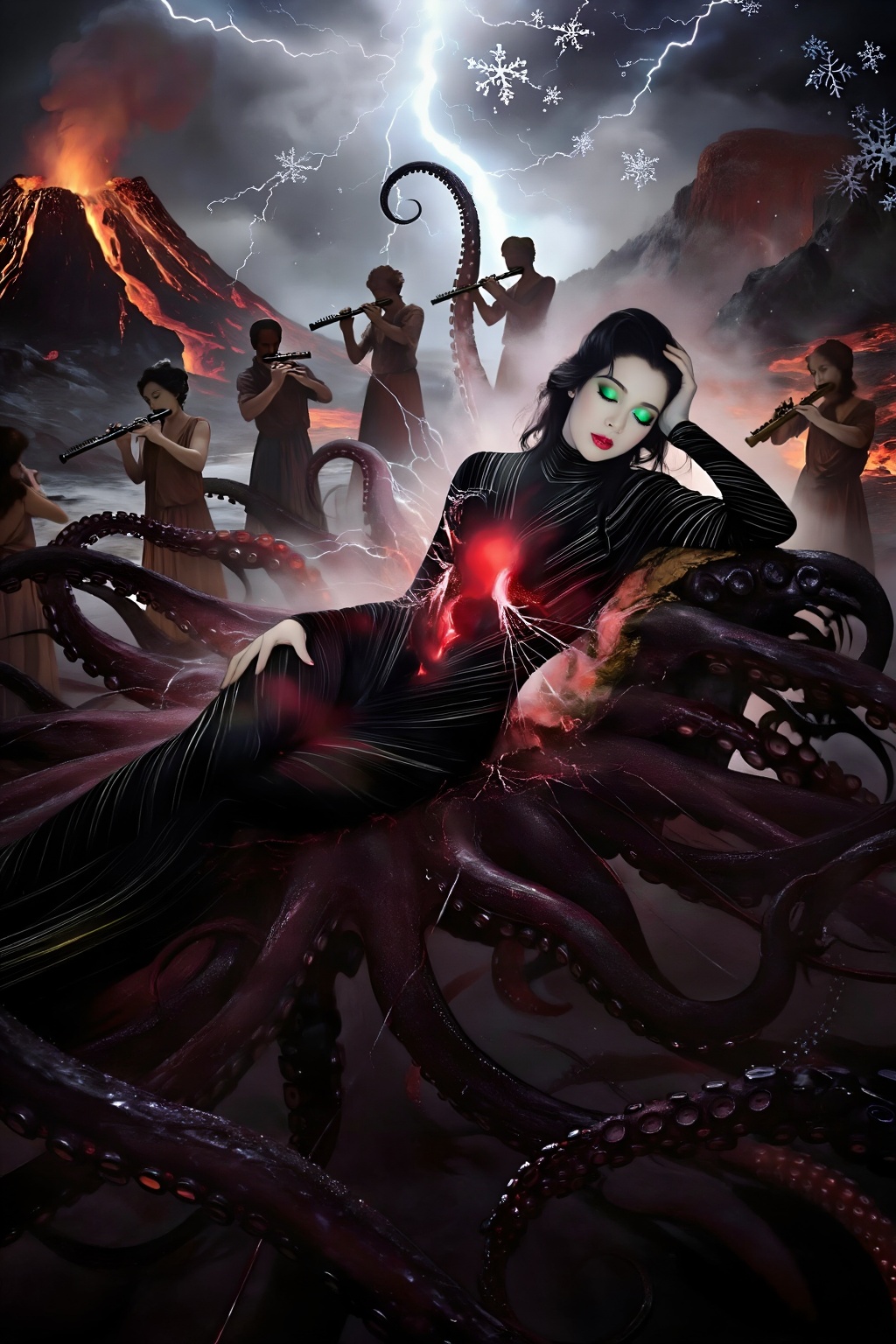A beautiful queen reclined languidly on a throne formed of tentacles. One hand cradled her head,  her eyes half-closed. A...