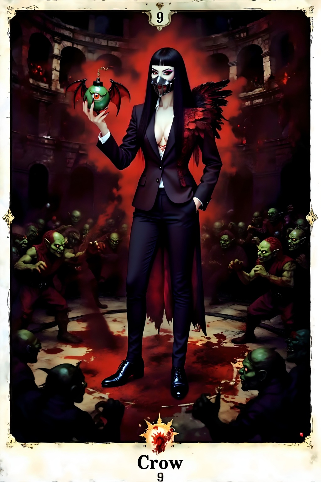Score_9 is a tarot card that tells the story of an evil tall thin woman in a suit preparing to fight in a dark circular ar...