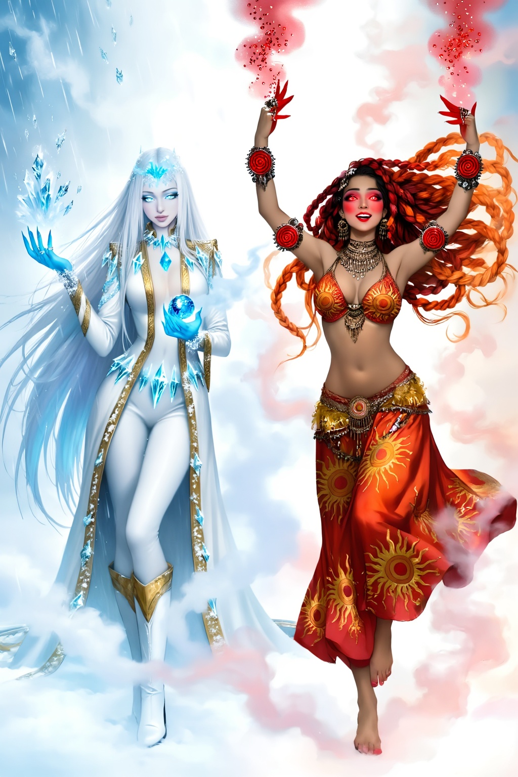 Top quality. Inspiration: Monsoon. This image depicts a personified monsoon,  cold on the left and warm on the right. On t...