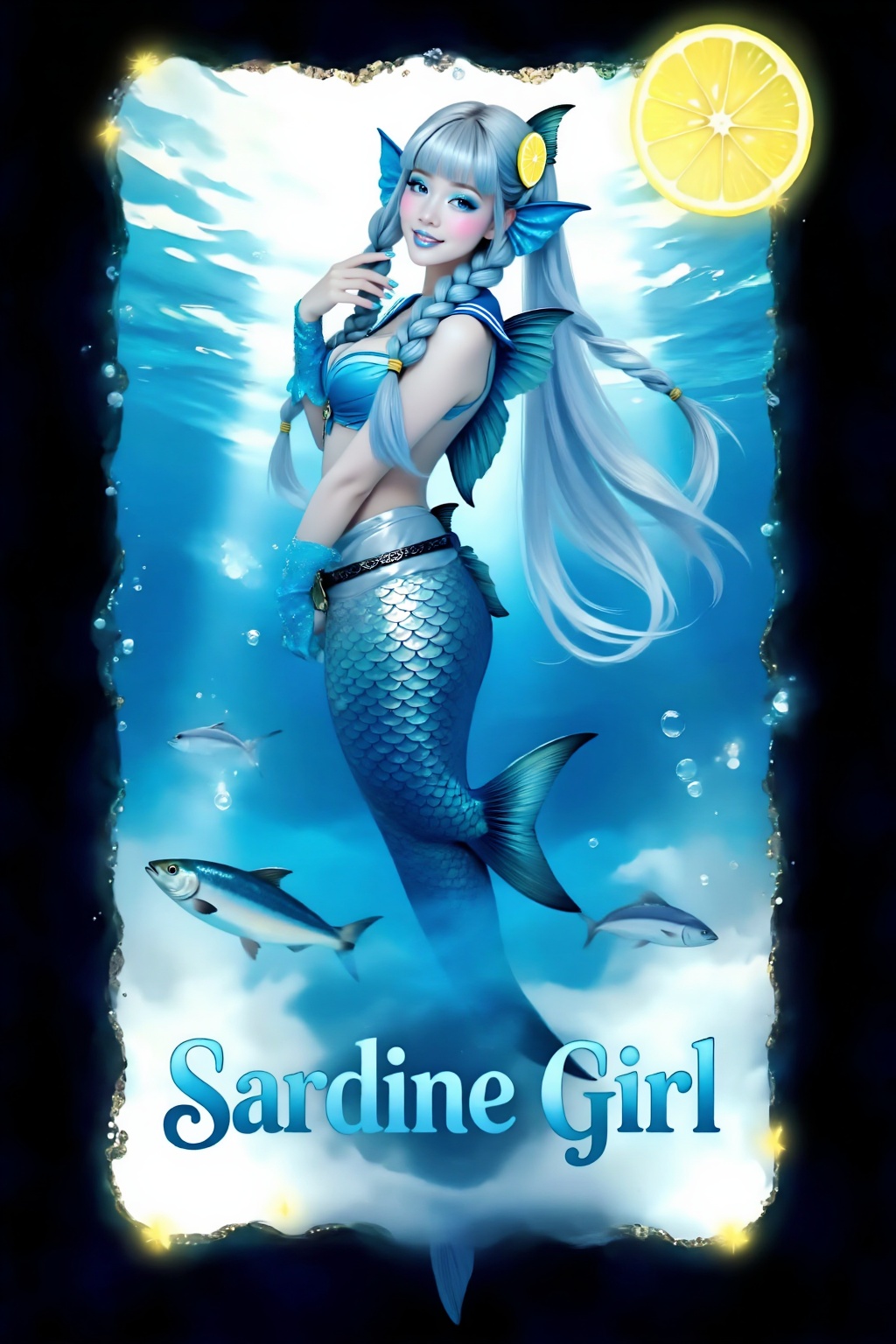 Top quality. Inspiration: Cover design. Image: A young girl with stylish long hair that fades from light blue to silver (w...