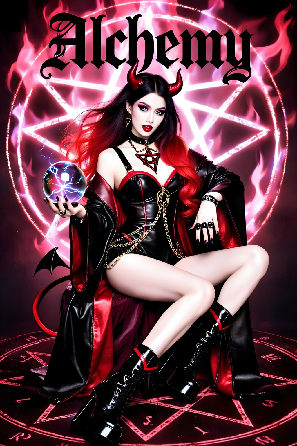 Top quality. Inspiration: Cover design,  Gothic style,  alchemist. Cover: A long-haired Gothic girl holding an electricall...