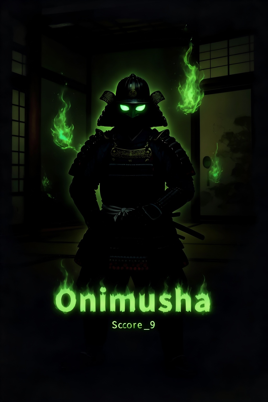Score_9,  Close-up: A warrior in full black Japanese samurai armor stands in a dark,  Japanese-style room on Tensor.Art