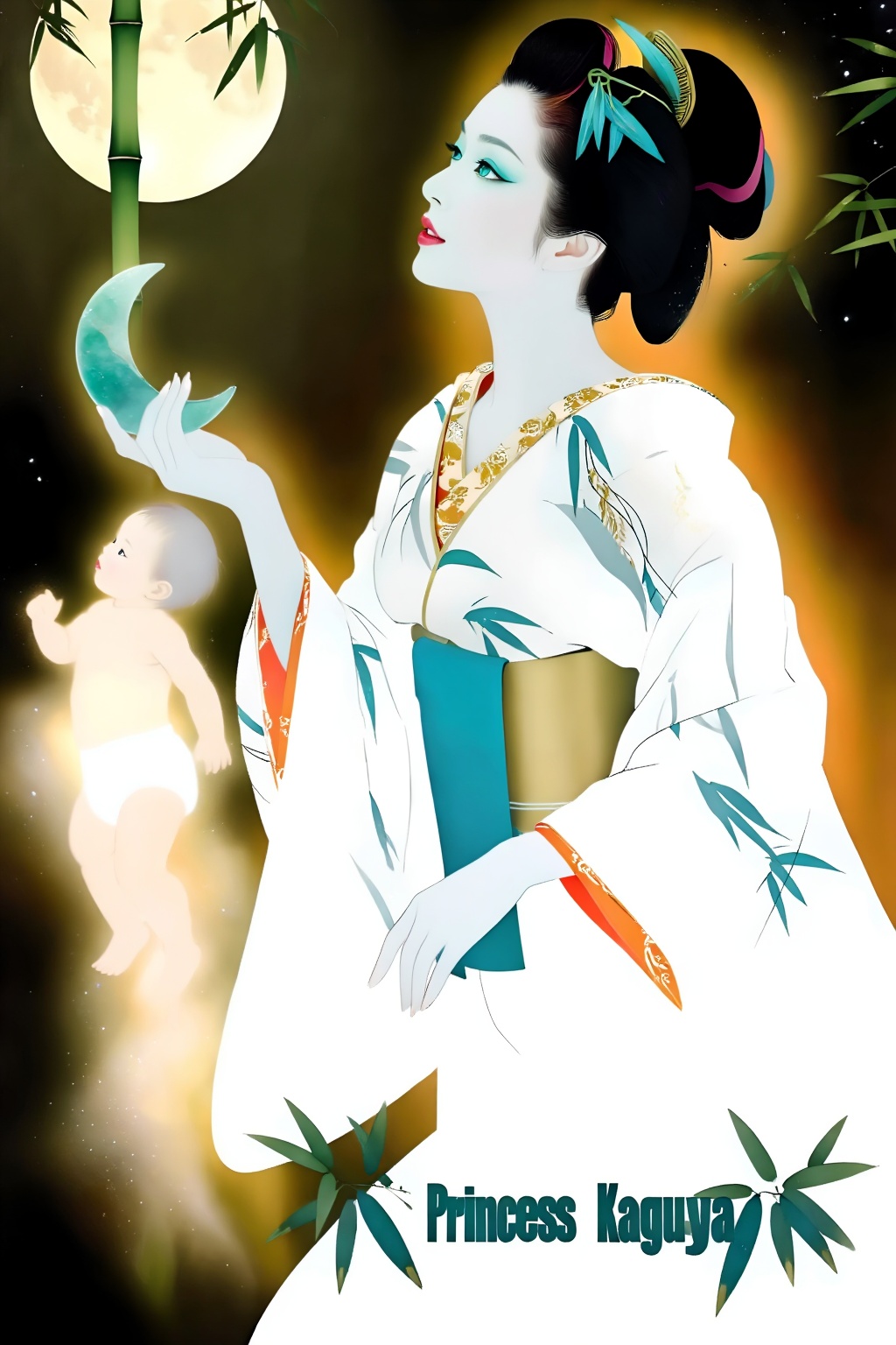 Top quality. Inspiration: Princess Kaguya,  The Tale of the Bamboo Cutter,  Japanese yokai (supernatural creature) illustr...