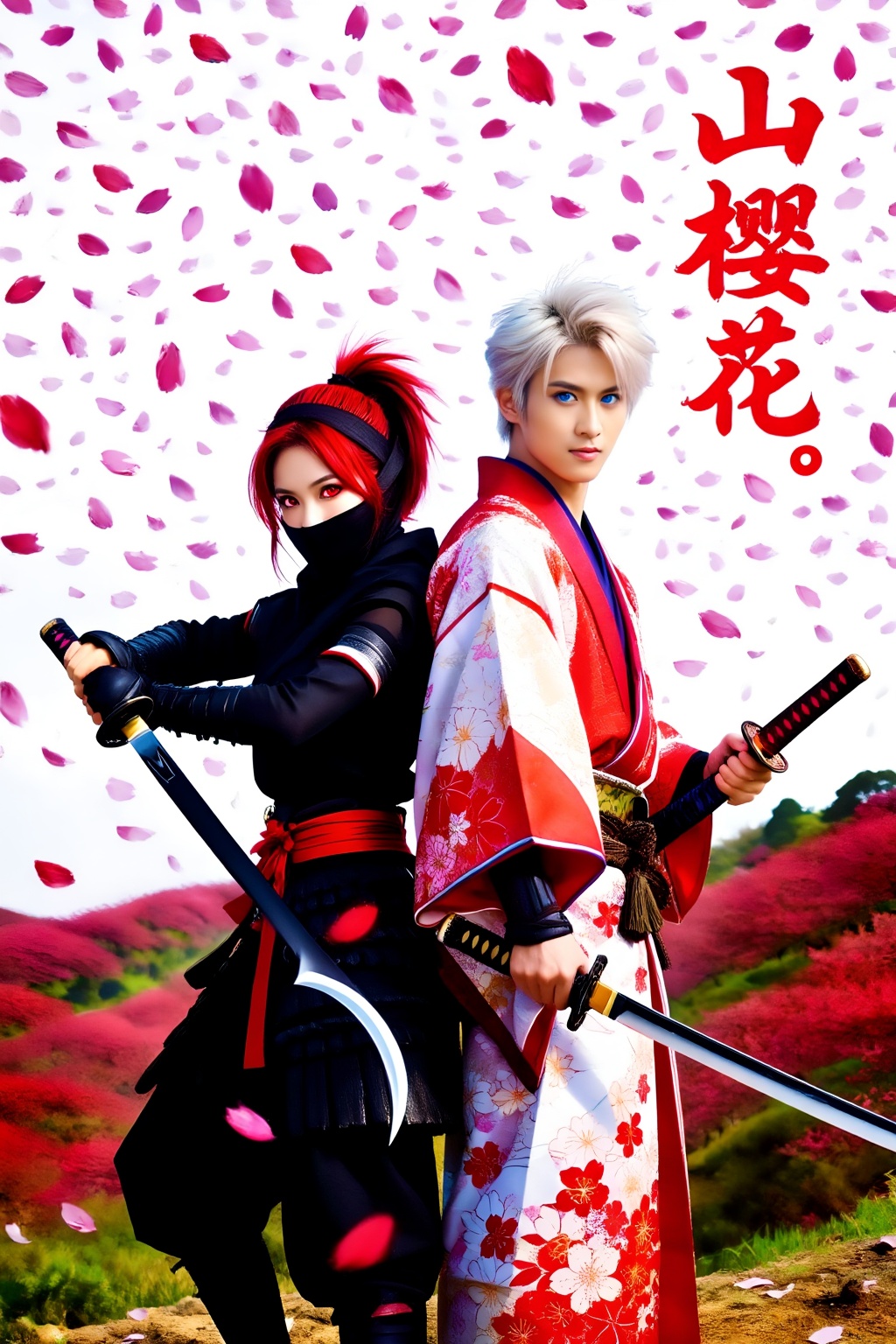 Score_9,  Close-up: A female ninja in a black ninja outfit and a beautiful Japanese swordsman in a red and white kimono wi...