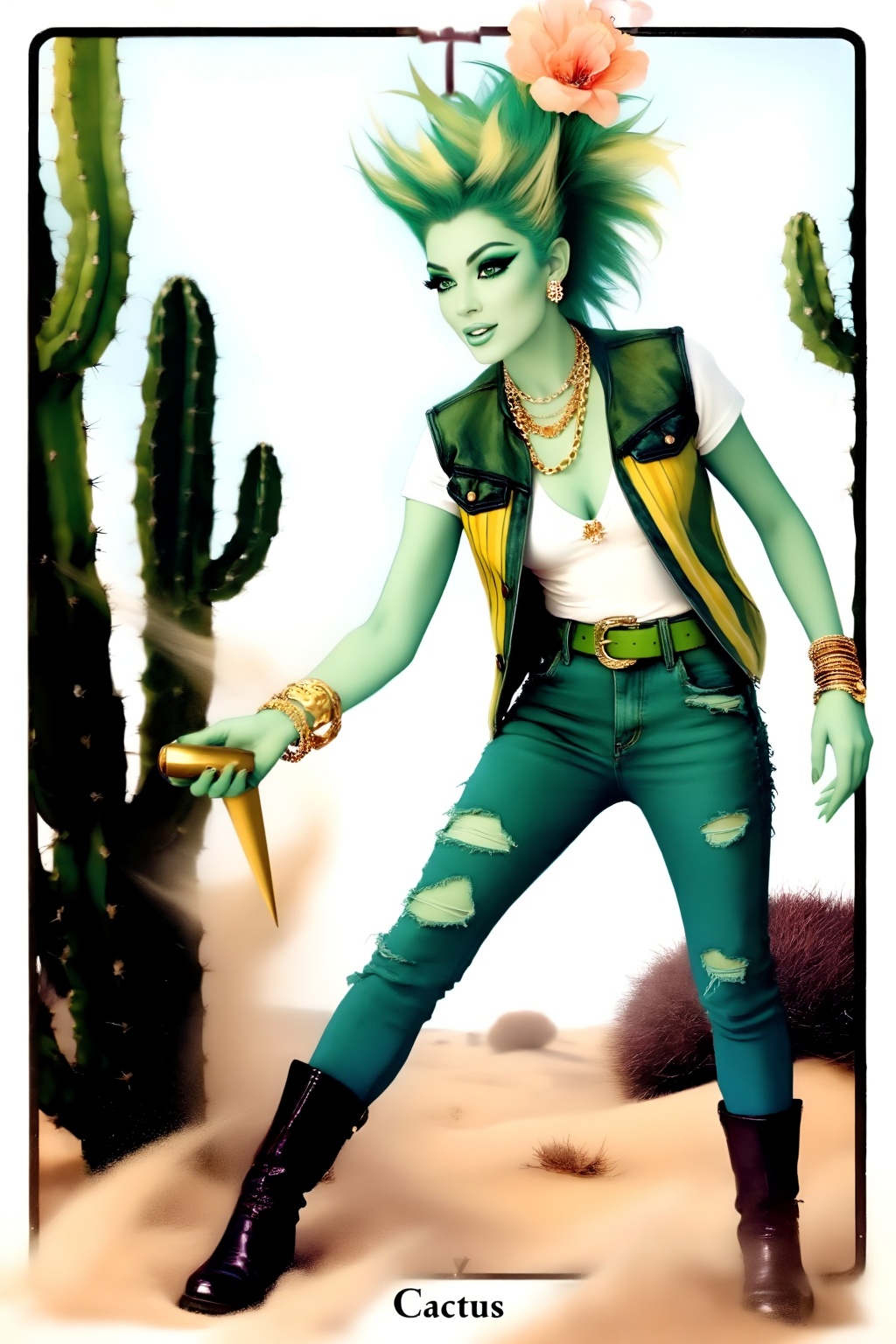 Exceptional quality,  ranked number one. Inspiration: Cactus,  anthropomorphism. A Tarot card titled "Cactus" depicts an a...