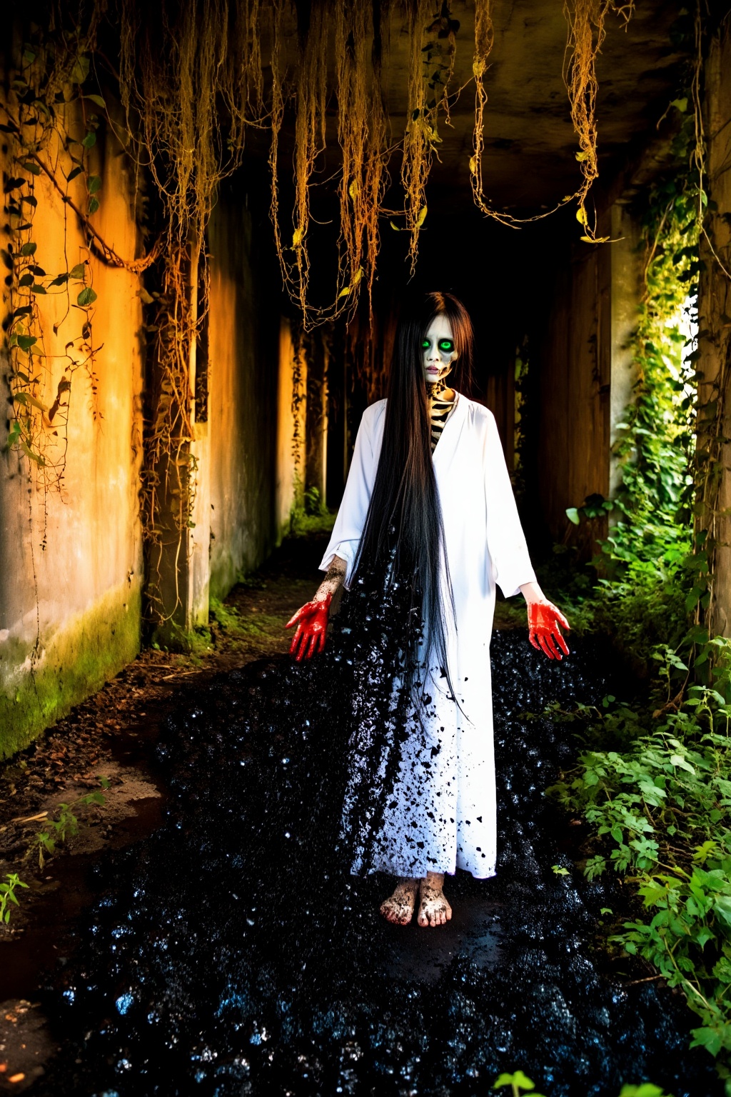 Top quality. Inspiration: Underground tunnel,  bloodied hands,  a girl in white. Visuals: Close-up: In a dark on Tensor.Art