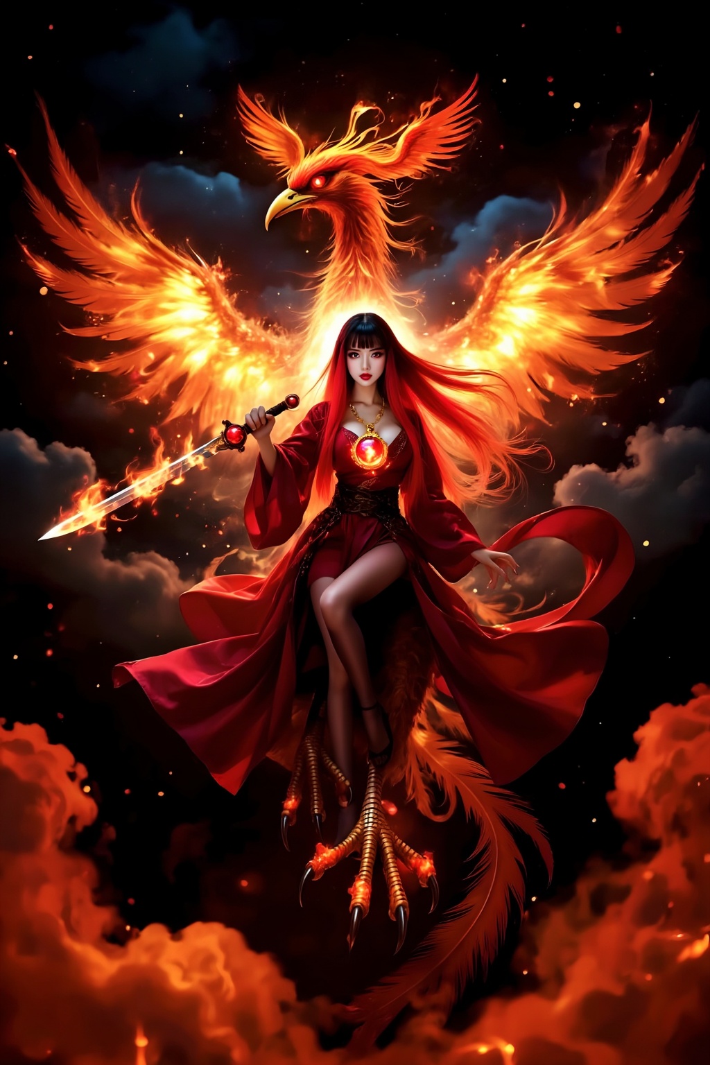 Close-up: A magnificent,  beautiful,  and intricate composition depicts a young woman and a phoenix working together to ha...