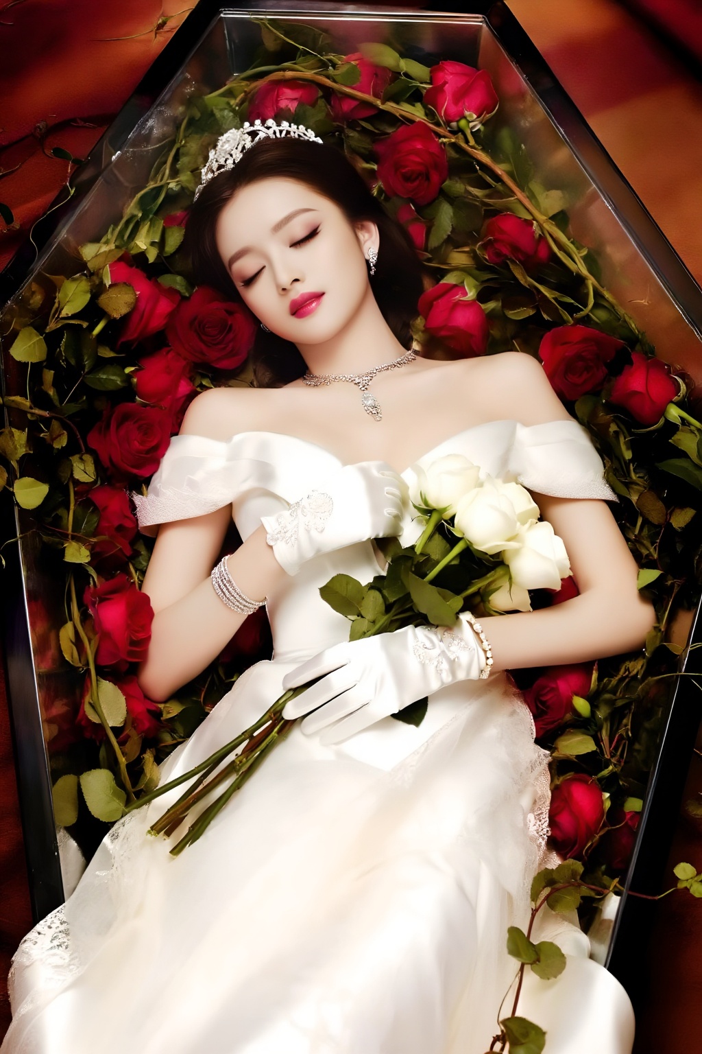 Top quality. Inspiration: Vines,  princesses,  roses. Image: Close-up: A princess lies serenely in a transparent glass cof...