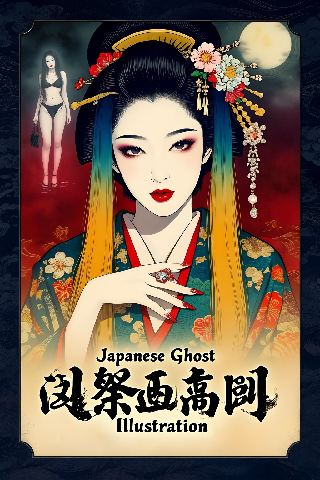 Top quality. Inspiration: Cover design. Cover: A young woman dressed as a geisha in classical Japanese attire,  blending t...