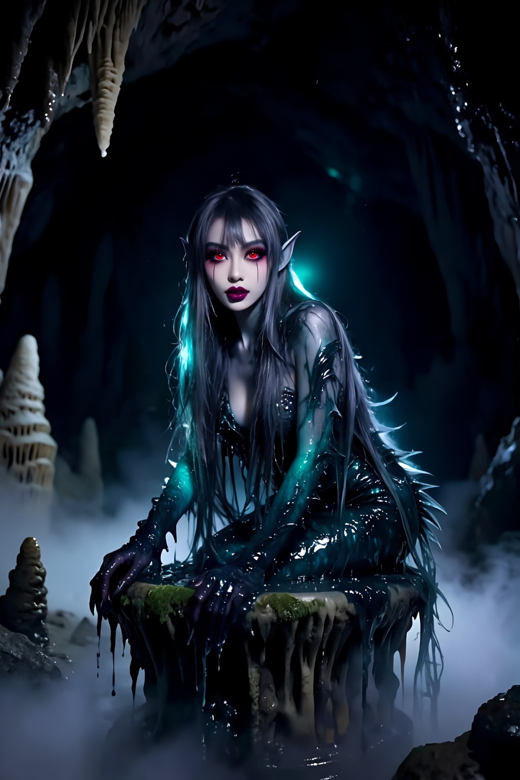 In a dimly lit underground stalactite cave,  Abhoth sits atop a moss-covered pedestal,  surrounded by an eerie mist. His s...