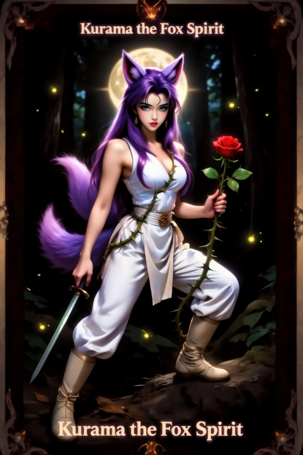 Top quality. Inspiration: Vines,  Yu Yu Hakusho,  Kurama the Fox Spirit. This is a Tarot card depicting a powerful and bea...