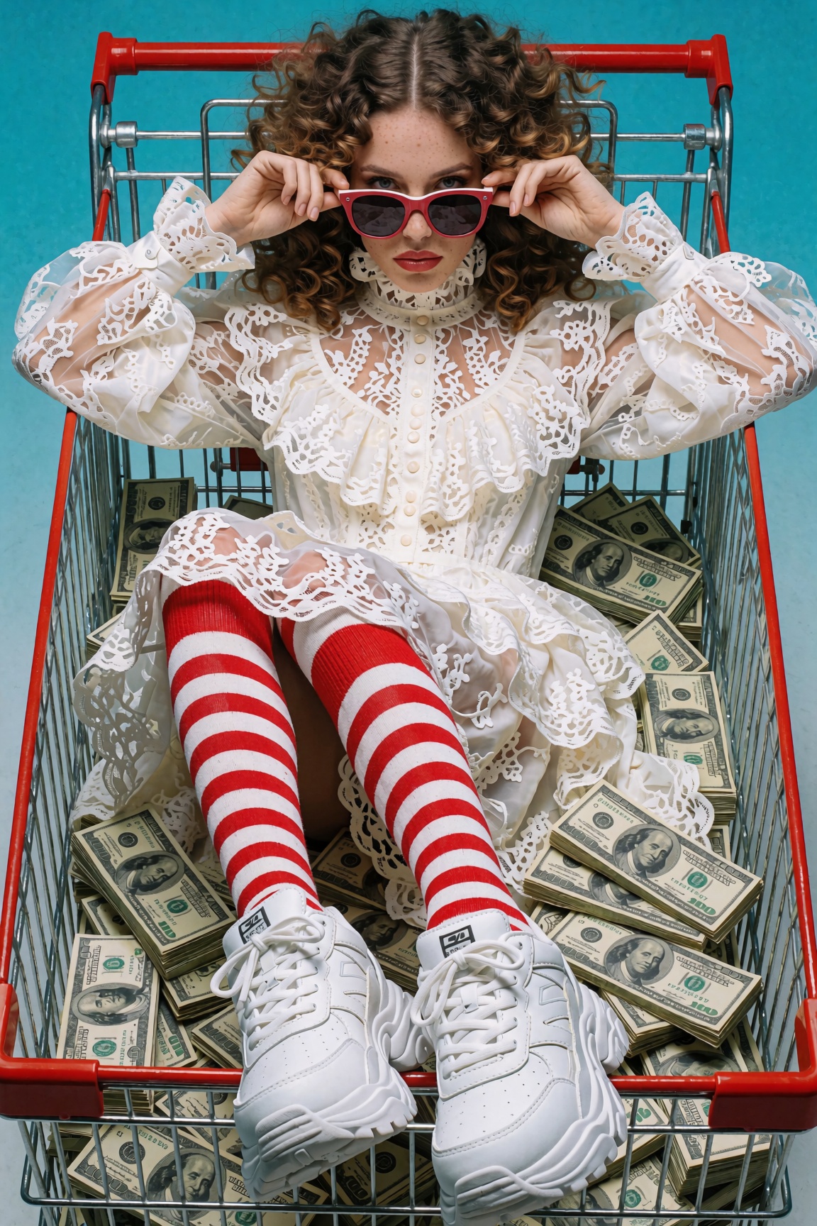 High-angle portrait of a young woman lying inside a red and silver metal shopping cart overflowing with stacks of dollar b...