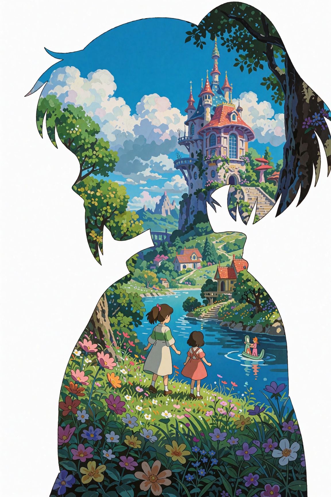Silhouette of a girl in a scenery of a magical world,  fantastic scenery of another world,  close-up on Tensor.Art