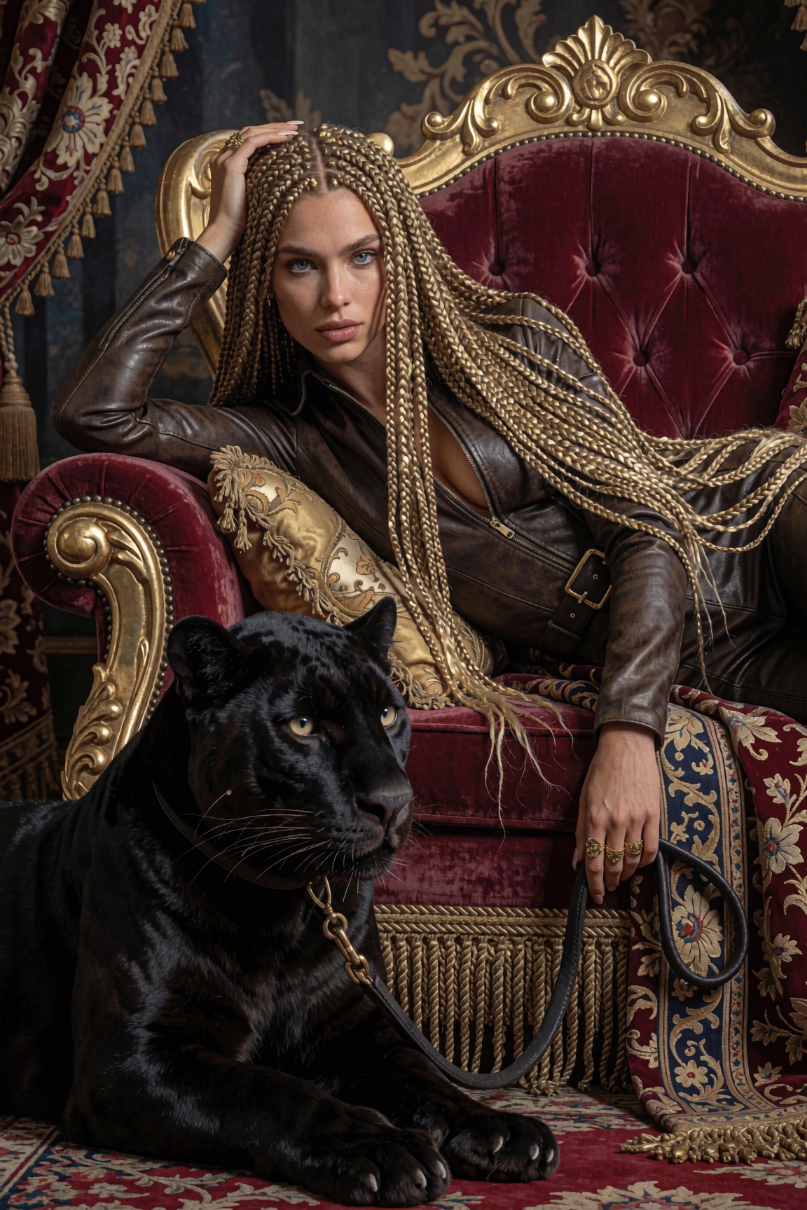 Example： Create a captivating photograph of a striking Russian supermodel lounging gracefully on a luxurious,  plush thron...