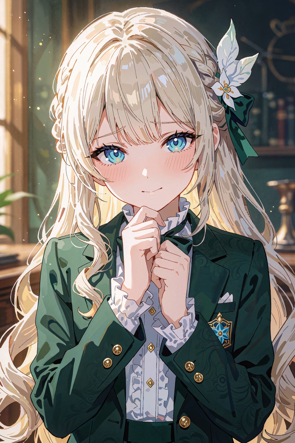 girl with long platinum blond hair in green blazer and white blouse,  azure eyes,  shy smile on Tensor.Art
