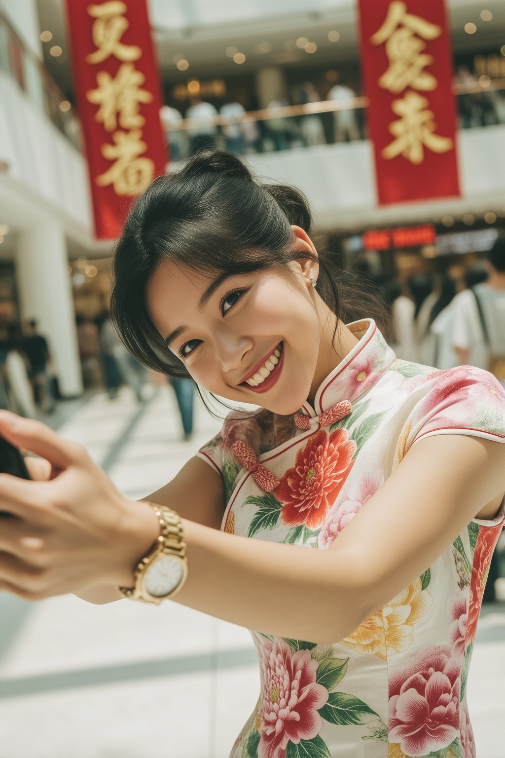 midjourneyanalog16k2e2 Selfie captures a 1980s young East Asian woman smiling warmly at the viewer,  with her head tilted...