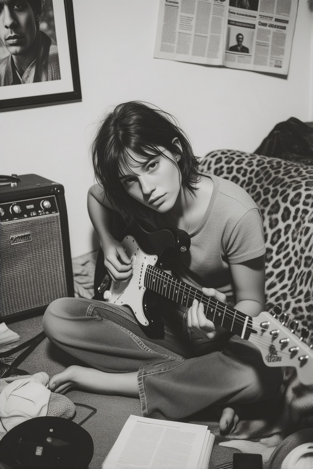 midjourneyanalog16k2e2 A candid,  high-contrast black and white photograph of a young female musician with short,  disheve...