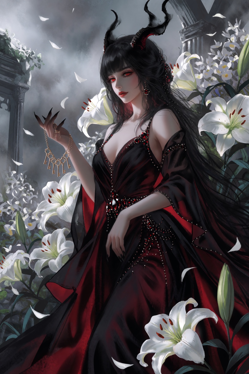 A painterly fantasy illustration depicts a woman with long raven hair,  red eyes,  and delicate black horns curled like in...